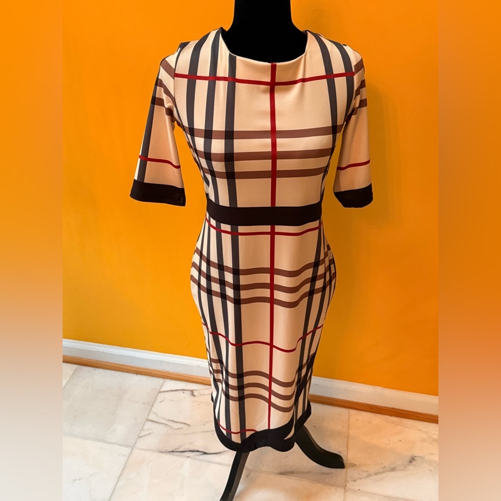 Beige Plaid Sheath Dress with Black Trim